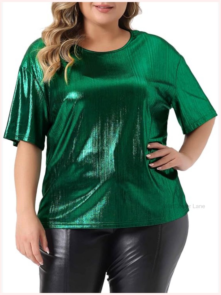 Plus Size Metallic Party Tee - Round Neck Short Sleeve Tops For Women
